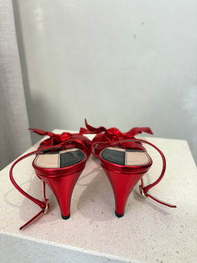 Gucci Red Metallic Bow Slingbacks, 40