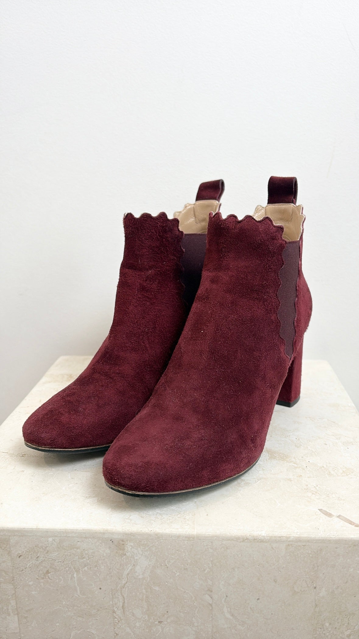 Chloé Red Suede Scollped Ankle Boot, 38.5