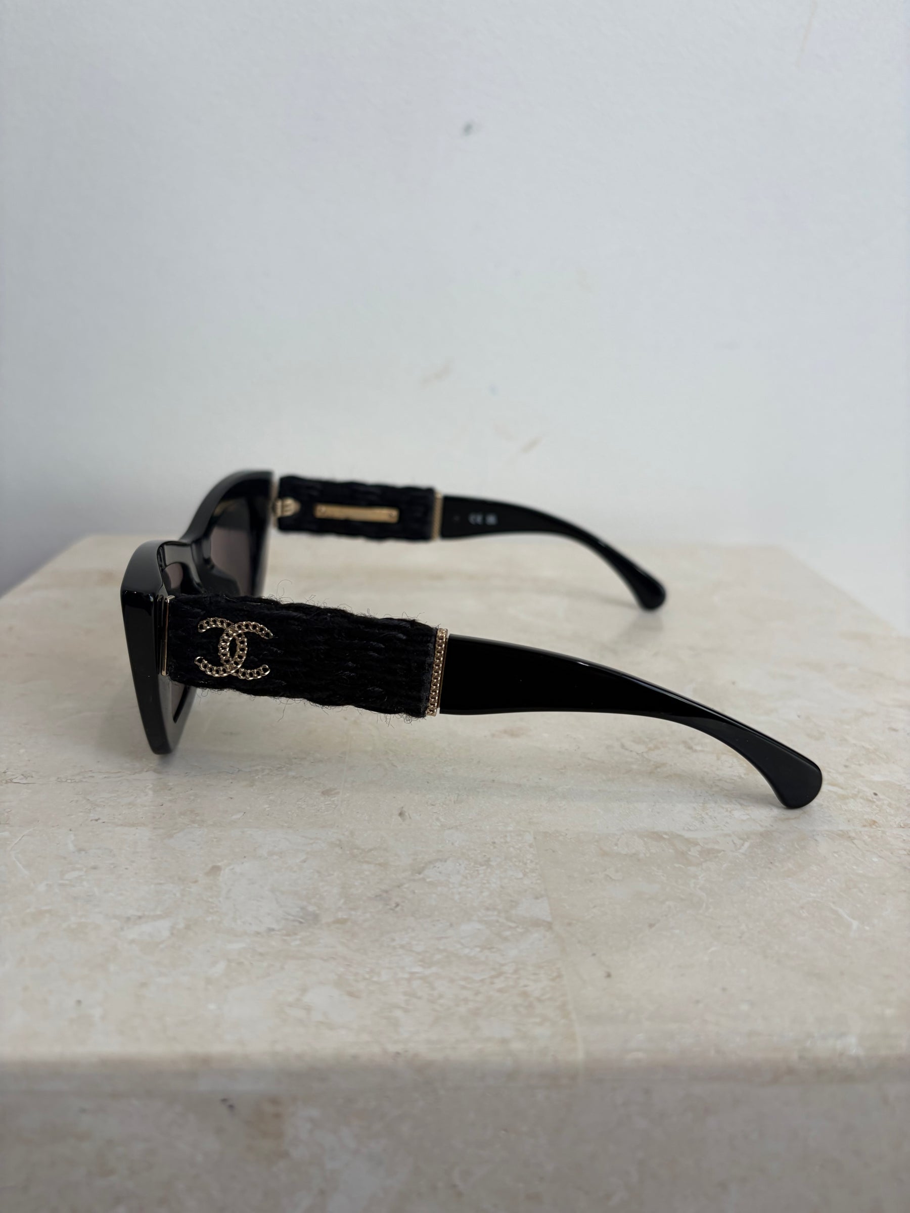 Chanel Black Cat Eye Tweed Logo Arm Sunglasses