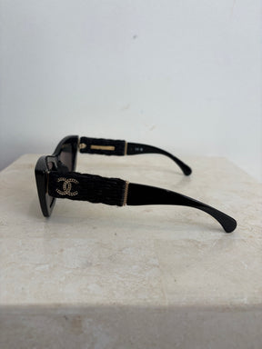 Chanel Black Cat Eye Tweed Logo Arm Sunglasses