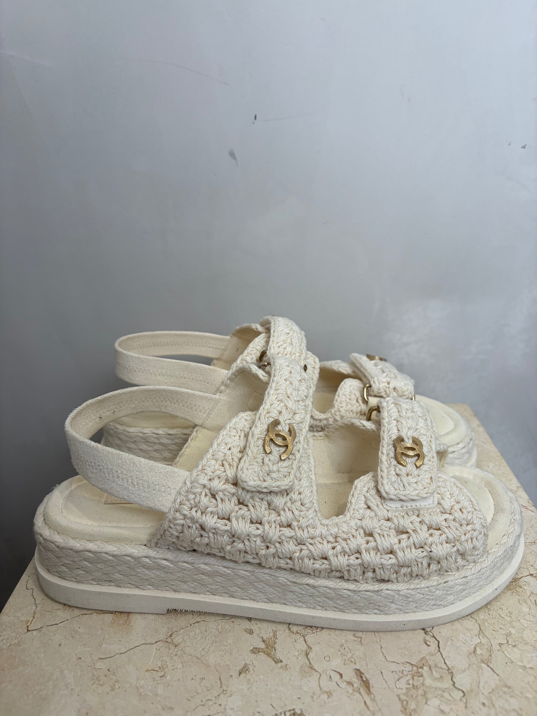 Chanel Cream Crochet Slingback Dad Sandal, 38C