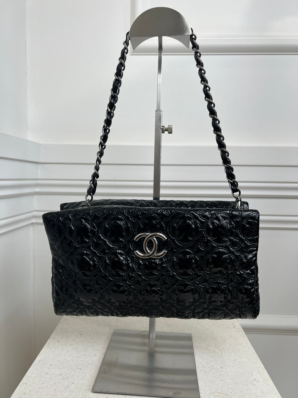 Chanel Black Coated Quilted Logo Shoulder Bag