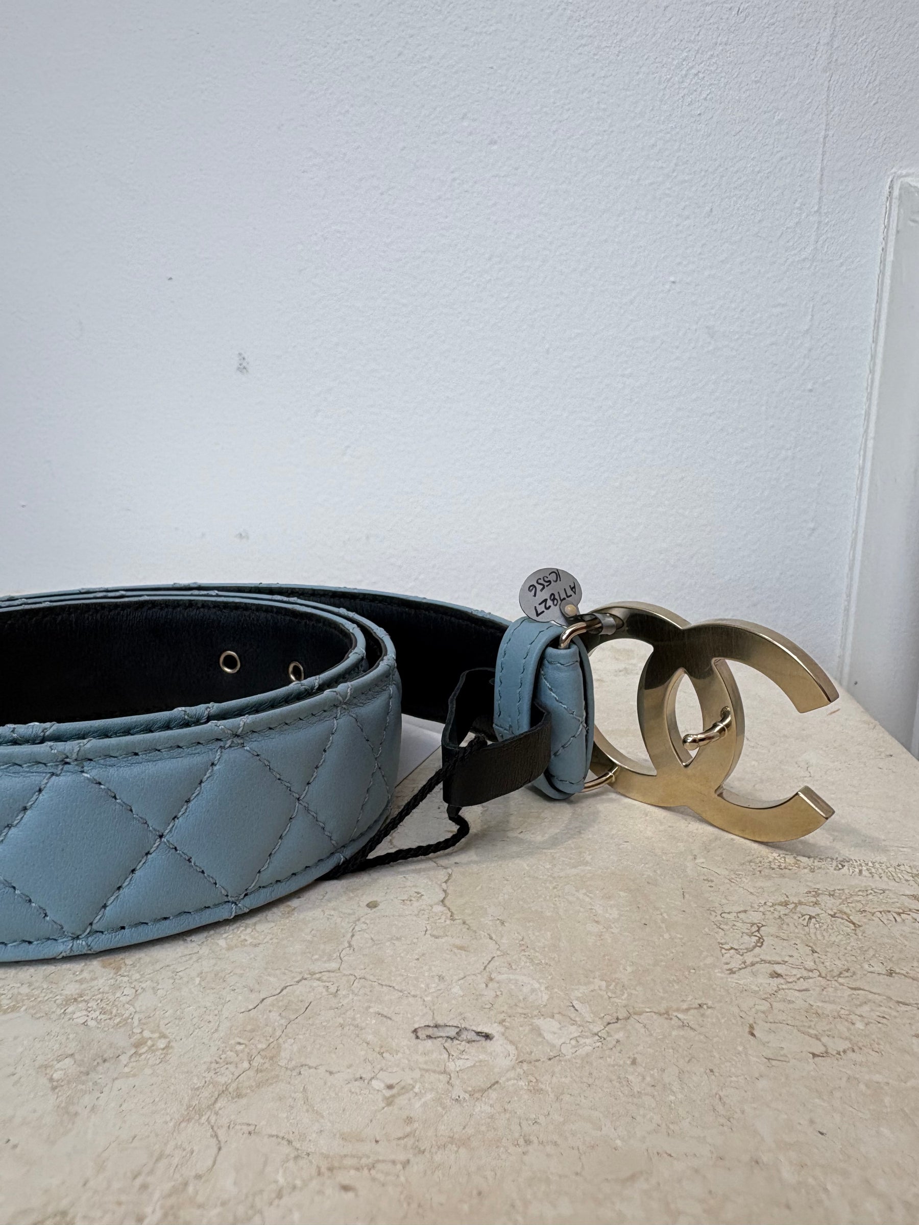 Chanel Blue Quilted Leather Pearl Logo Buckle Belt, 75
