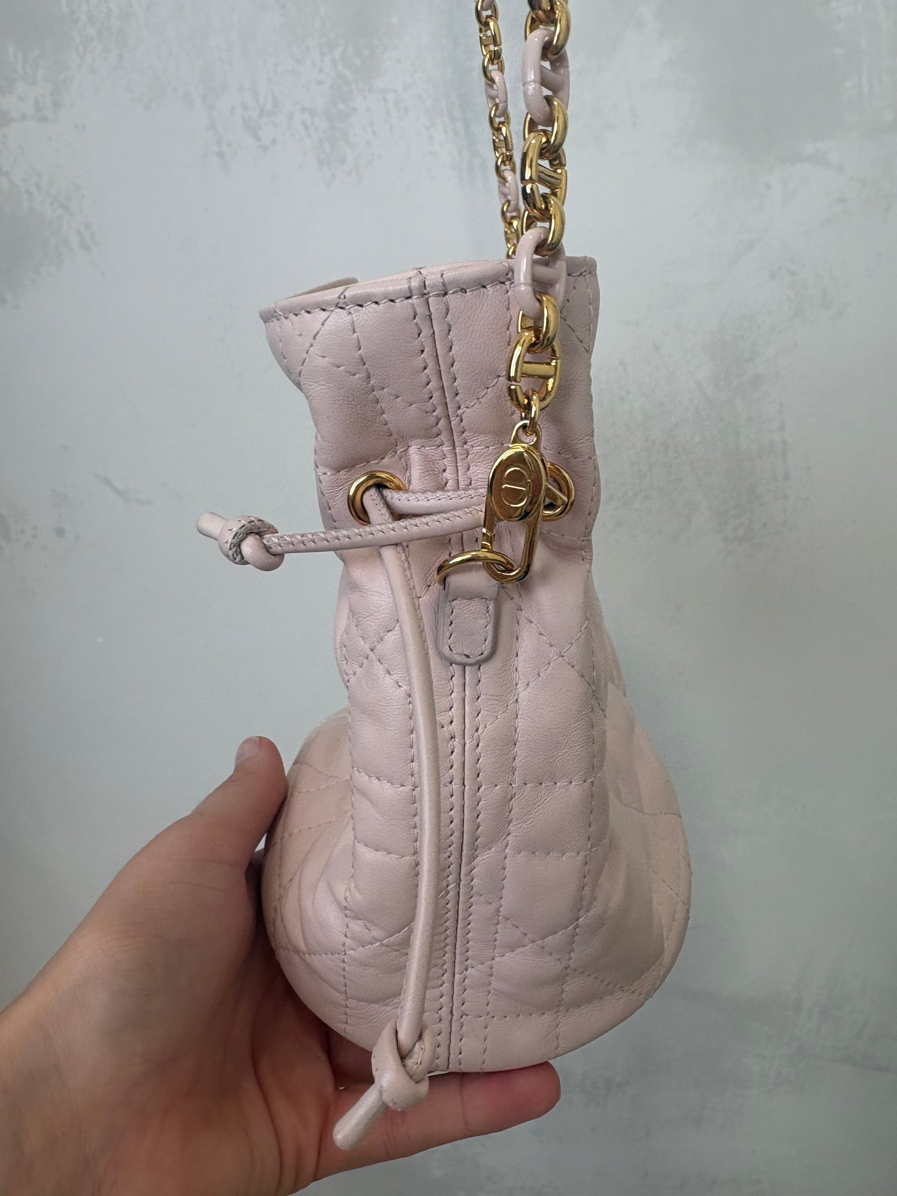 Dior Baby Pink Cannage Leather Drawstring Bucket Bag