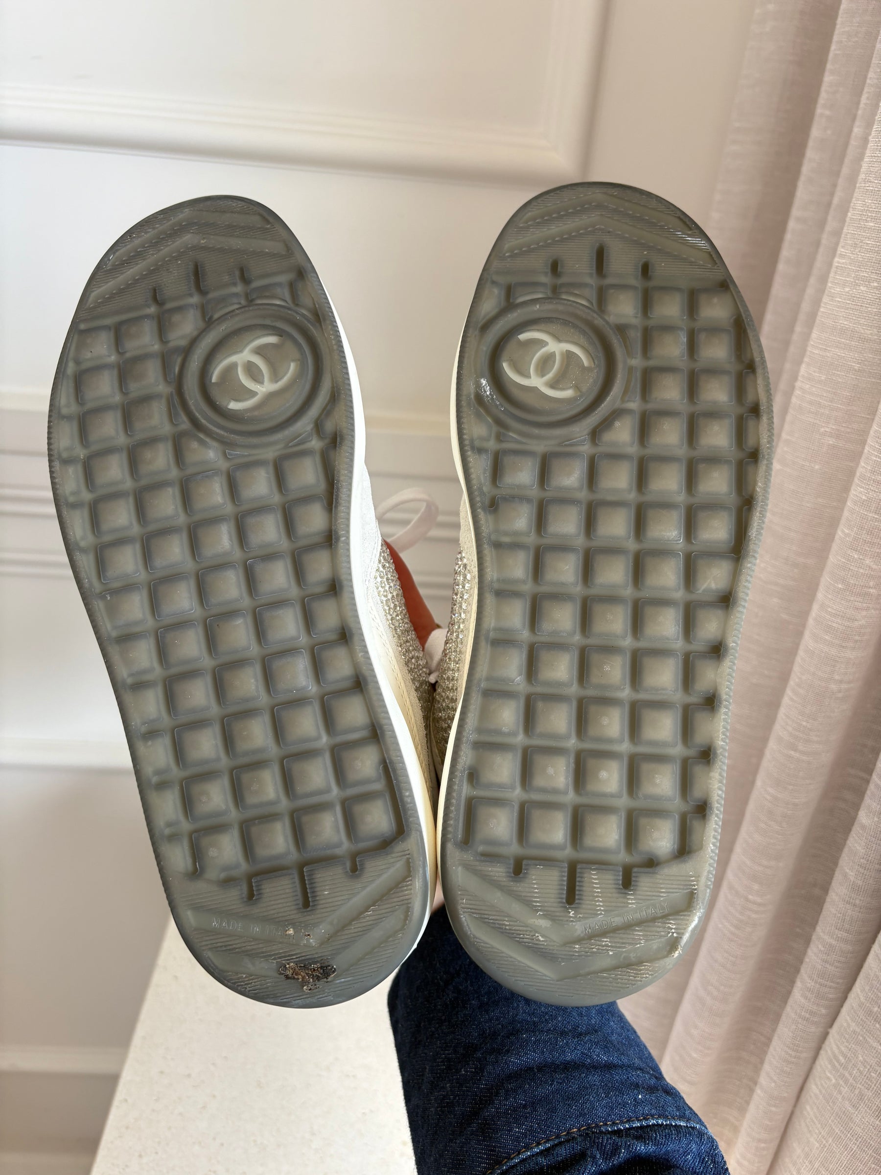 Chanel White and Grey Leather Suede Crystal Sneakers, 38.5