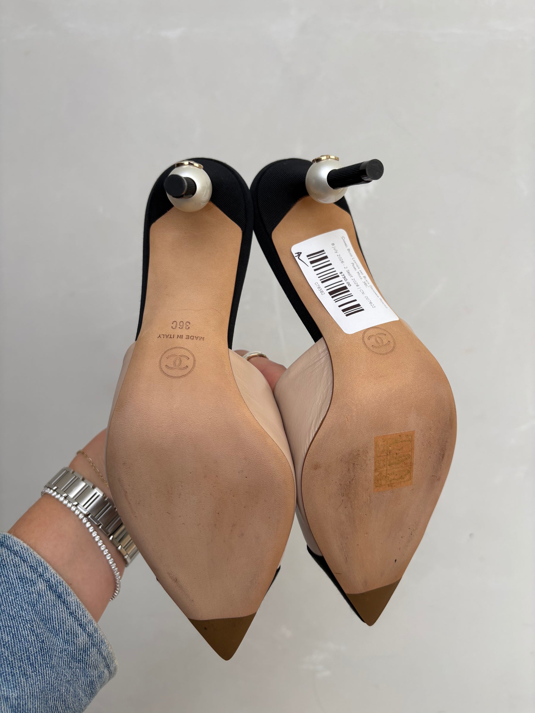 Chanel Beige Leather and Black Grograin Pointed Pearl Mule, 36C