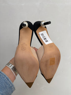 Chanel Beige Leather and Black Grograin Pointed Pearl Mule, 36C