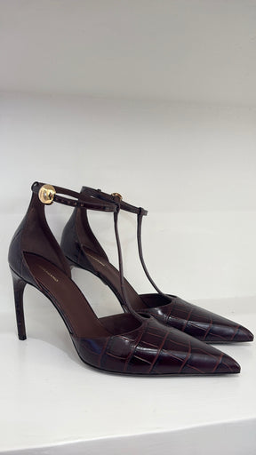 Ferragamo Brown Croc Embossed Pointed T Bar Heeled Sandal, 10.5