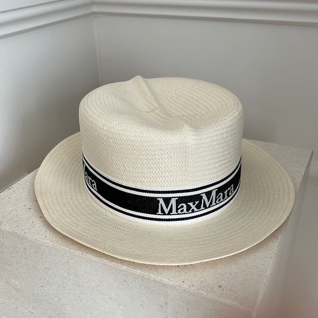 Max Mara Pale Straw Navy Logo Ribbon Band Hat, OS
