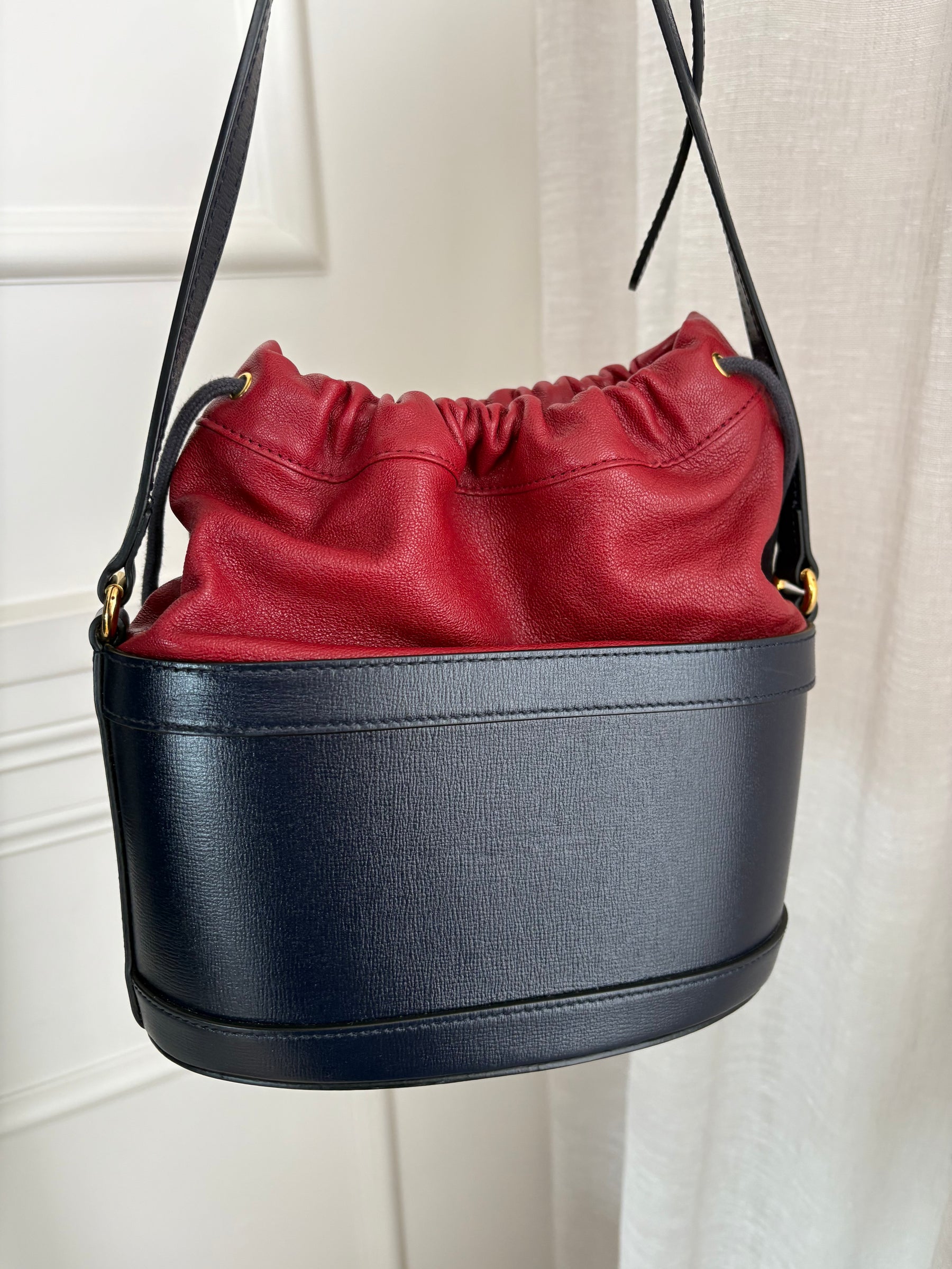 Gucci Navy and Red Leather Horsebit Drawsting Bucket Bag