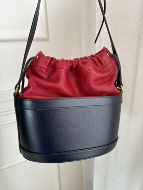 Gucci Navy and Red Leather Horsebit Drawsting Bucket Bag
