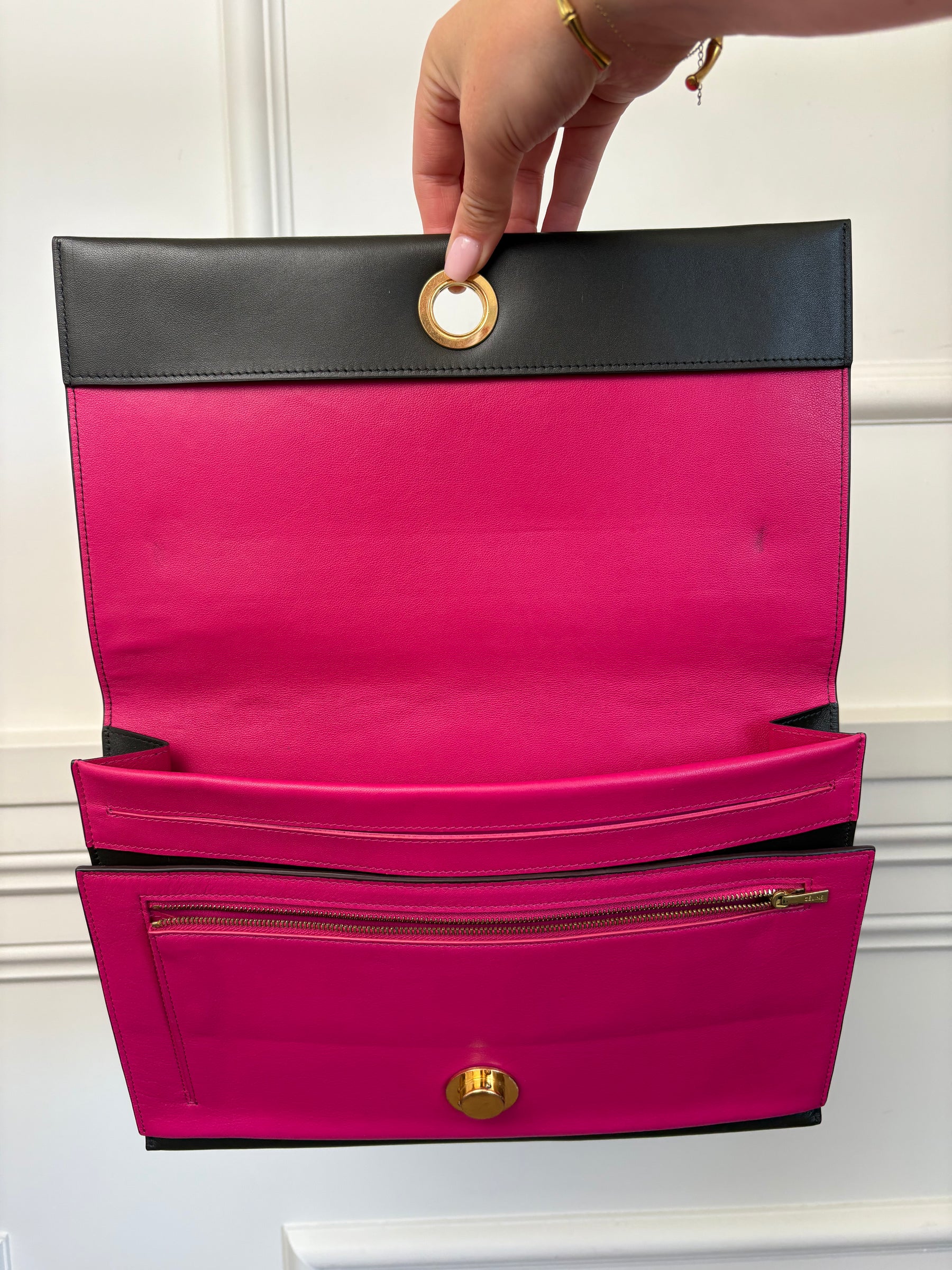 Celine Dark Khaki and Pink Leather Clutch