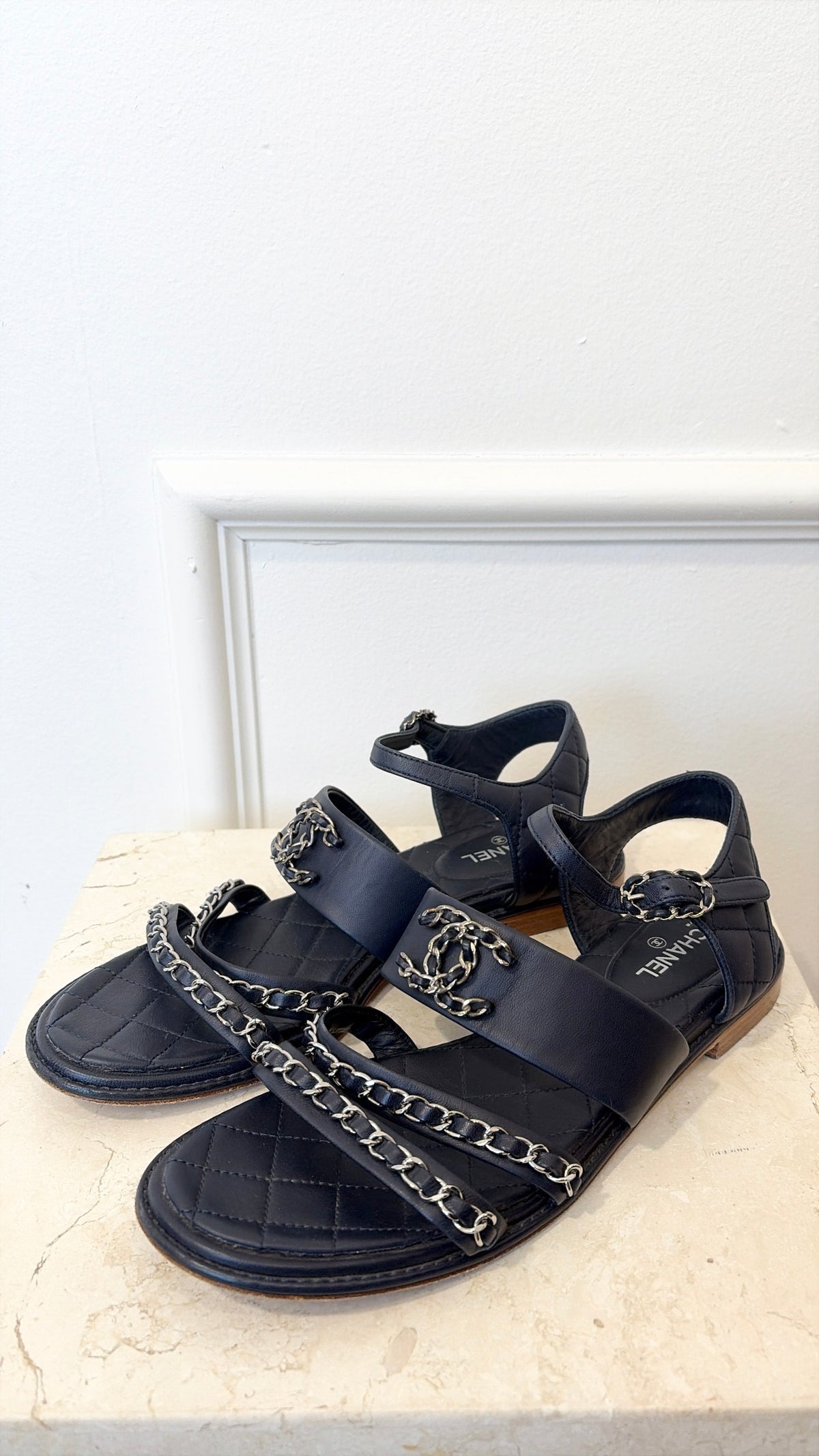 Chanel Navy Leather Silver Chain Logo Sandals, 39 C