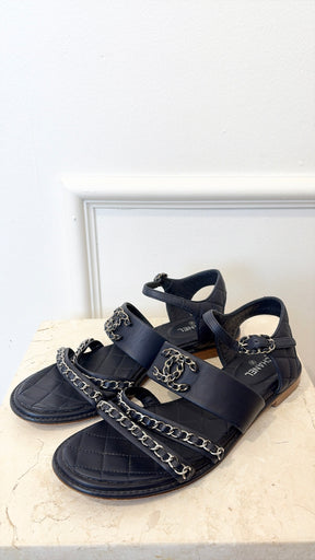 Chanel Navy Leather Silver Chain Logo Sandals, 39 C