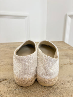 Chanel White Tweed and Patent Leather Logo Espadrilles, 37