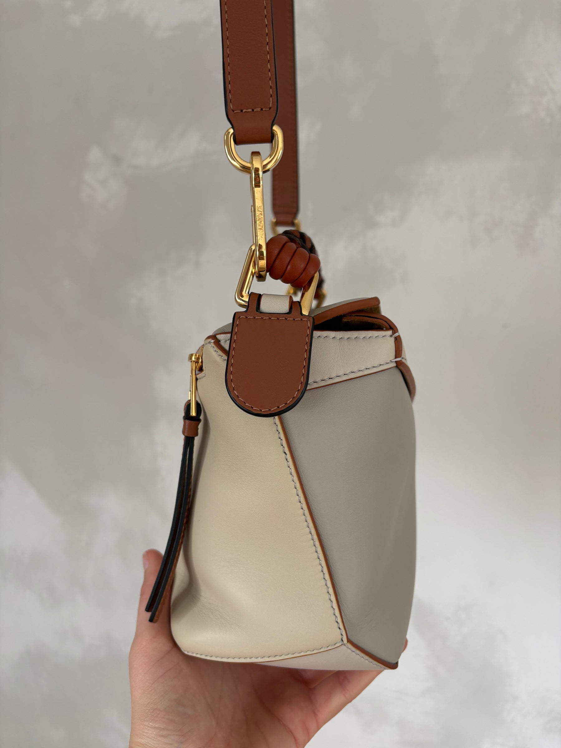 Loewe Cream, Grey and Tan Leather Puzzle Edge Medium Bag with Braided Handle