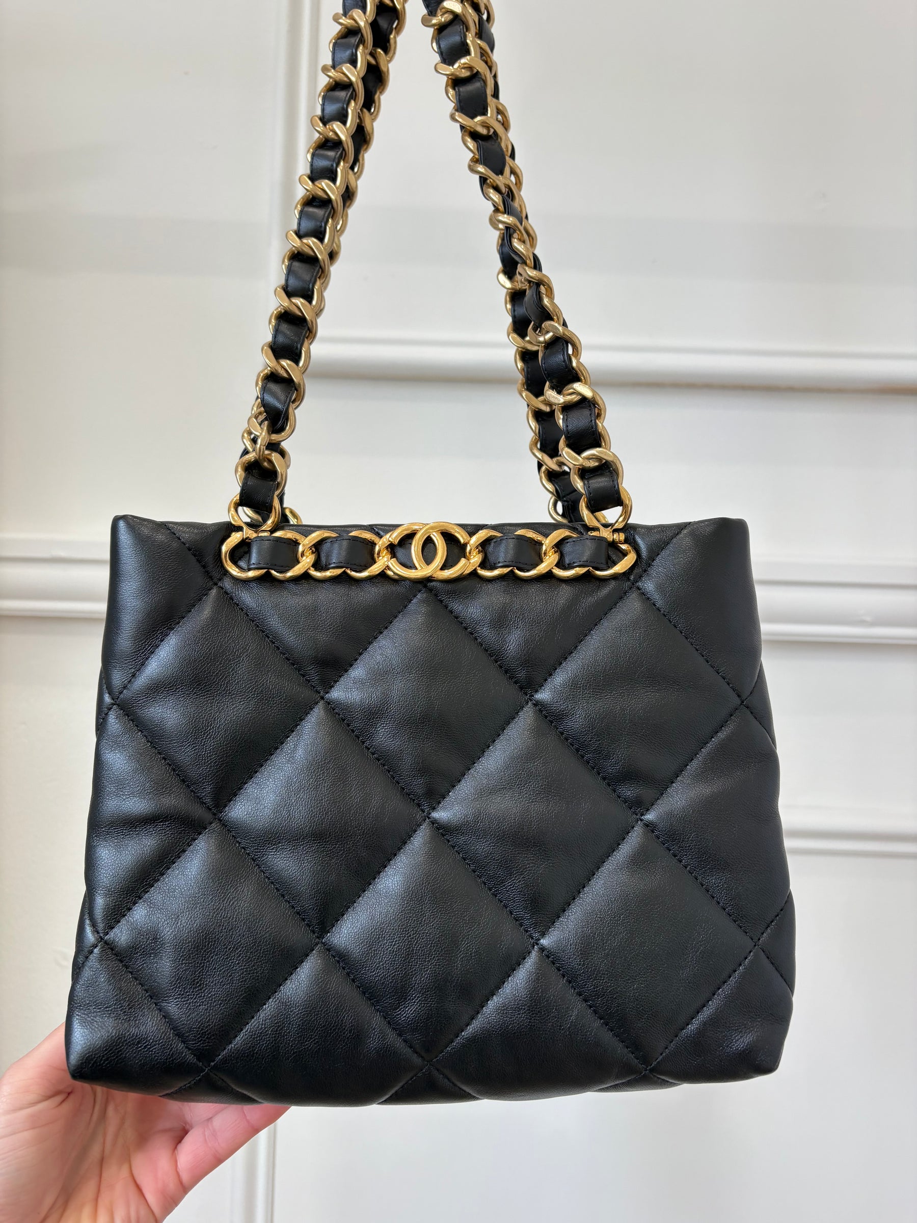 Chanel Black Lambskin Quilted Leather Chain Tote