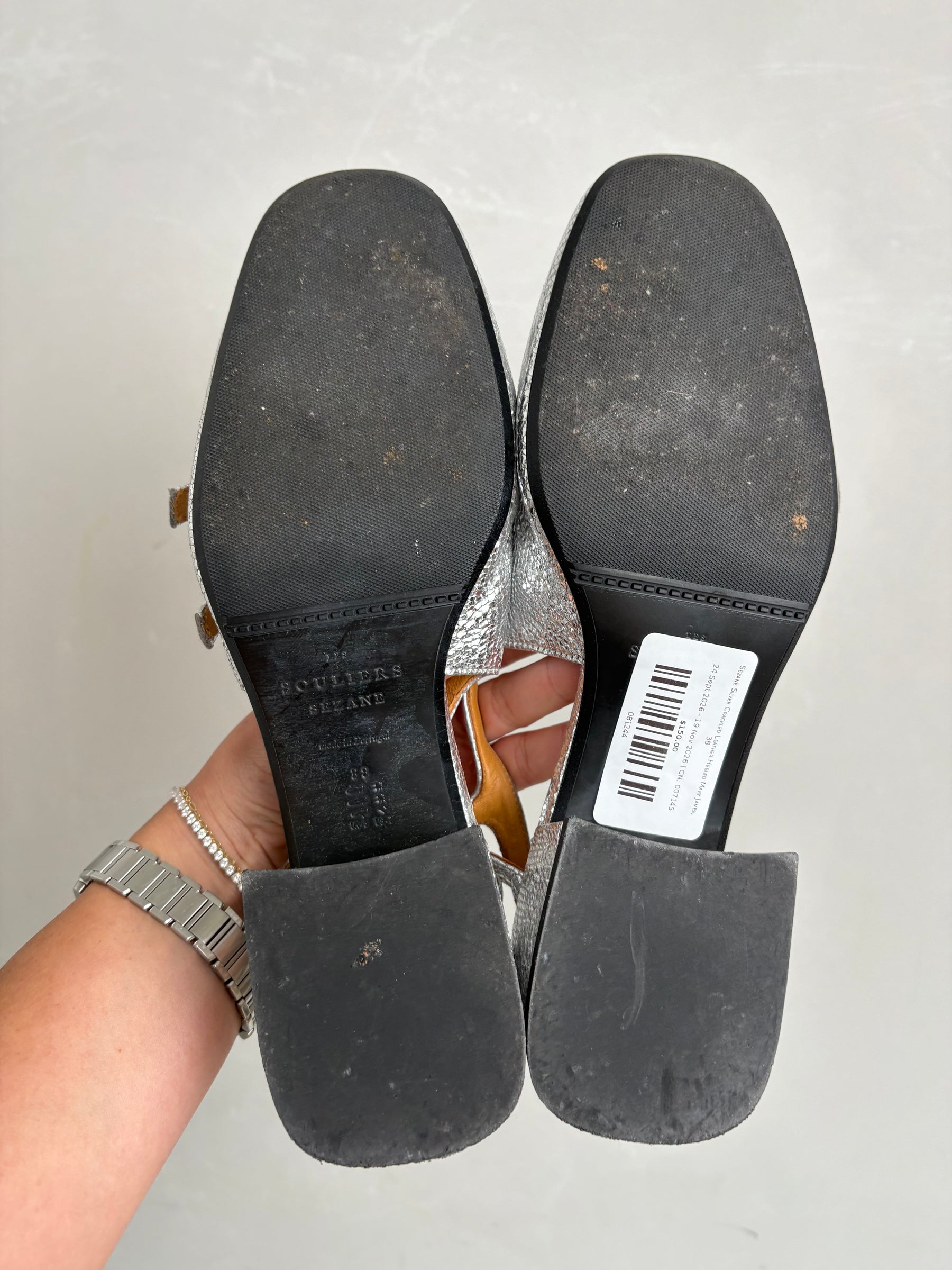 Sézane Silver Crackled Leather Heeled Mary Janes, 38