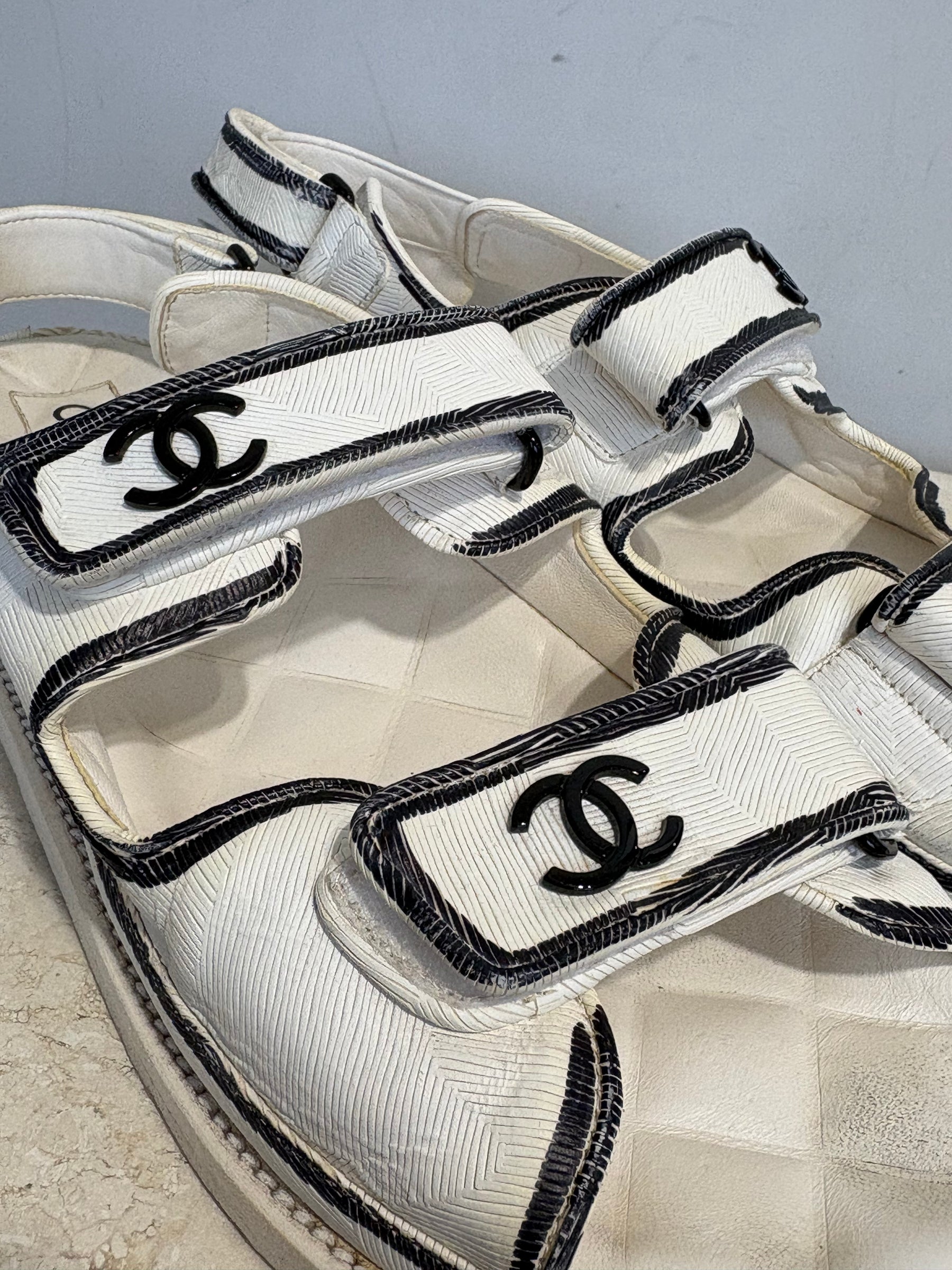 Chanel White Leather Sketch Dad Sandals, 39.5C