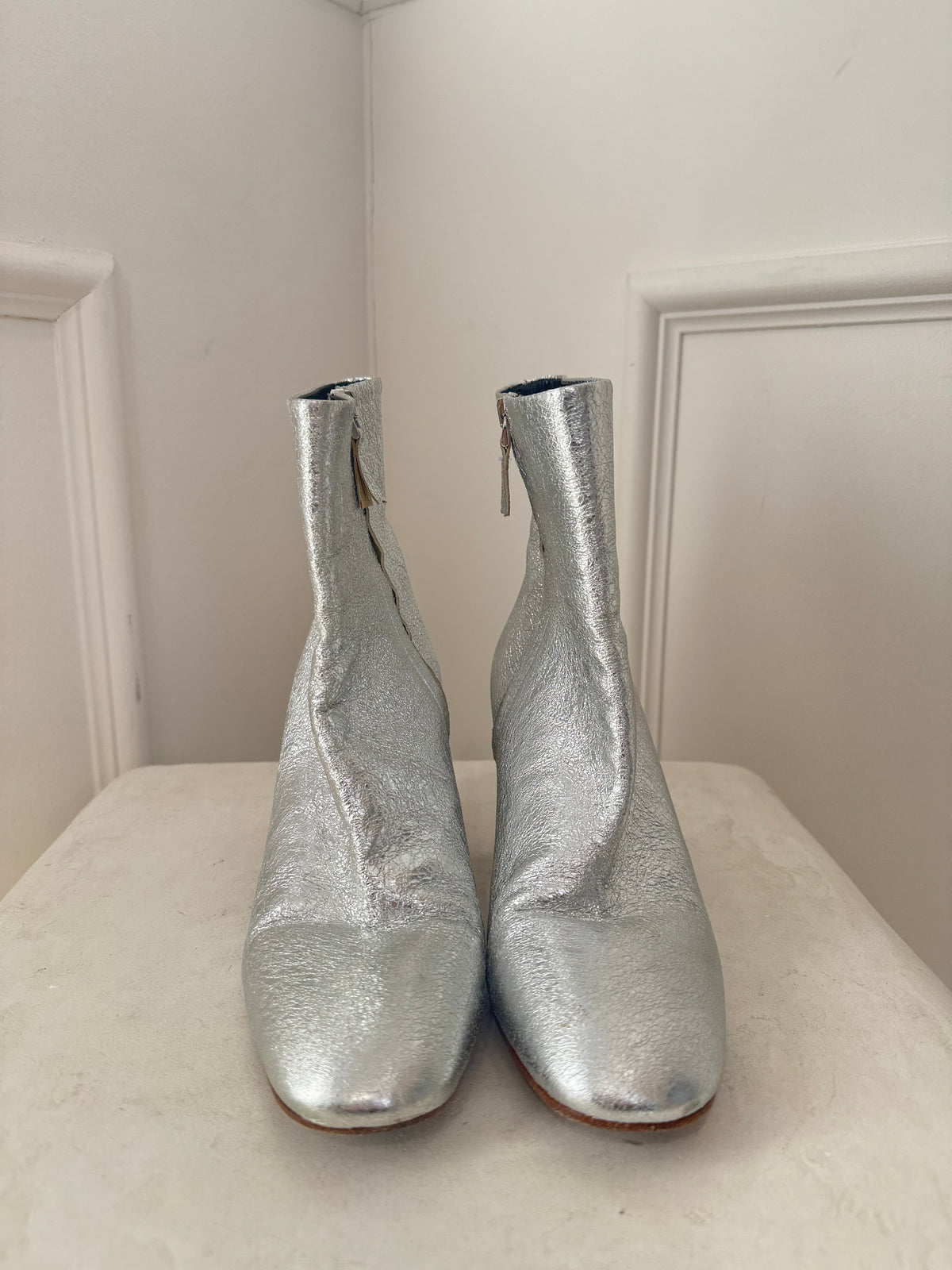 Proenza Schouler Silver Crinkle Heeled Ankle Boots, 38