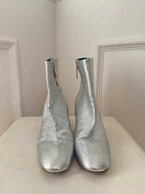 Proenza Schouler Silver Crinkle Heeled Ankle Boots, 38
