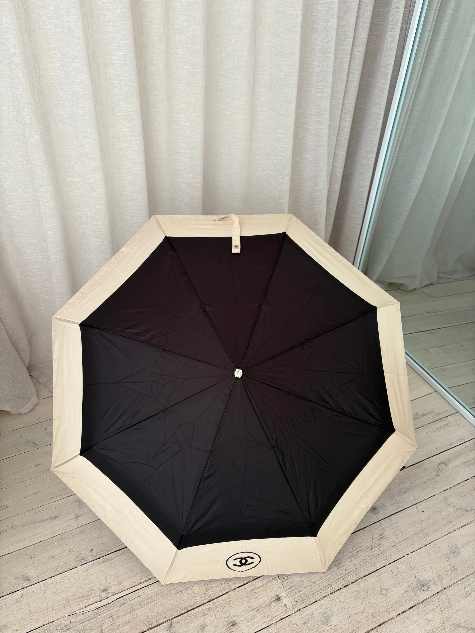 Chanel Black and Cream Logo Umbrella with Case