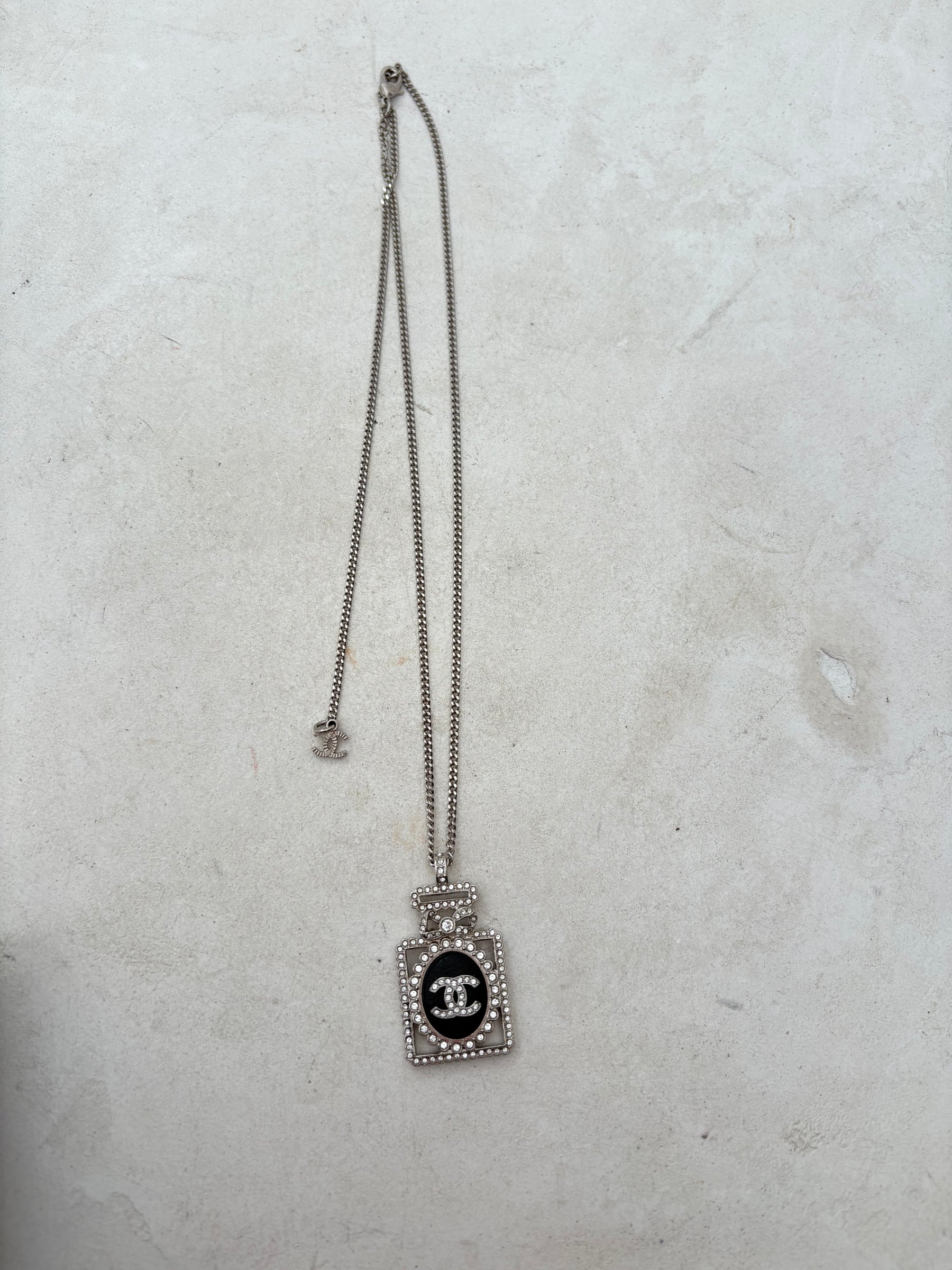 Chanel Silver Crystal Logo Perfume Bottle Necklace