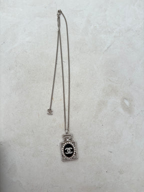 Chanel Silver Crystal Logo Perfume Bottle Necklace
