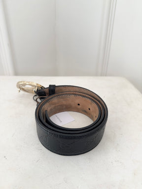 Gucci Black Monogram Gold Buckle Belt