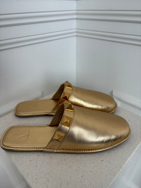 Valentino Garavani Gold Leather Roman Sud Slipper, 41.5