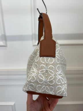 Loewe Beige and White Canvas Anagram Cubi Small Bag with Tan Leather