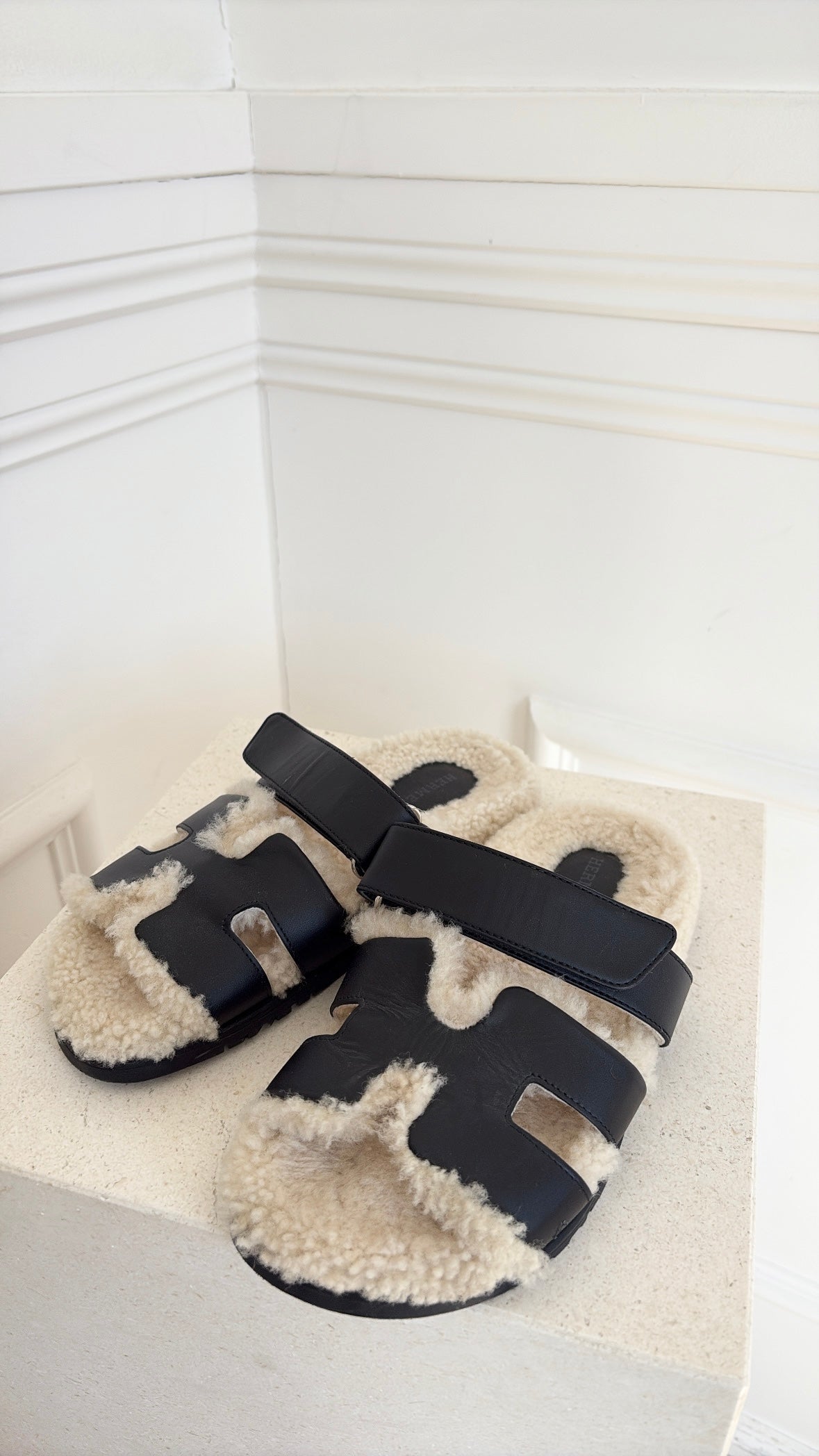 Hermès Black Leather and Shearling Chypre Sandals, 36.5