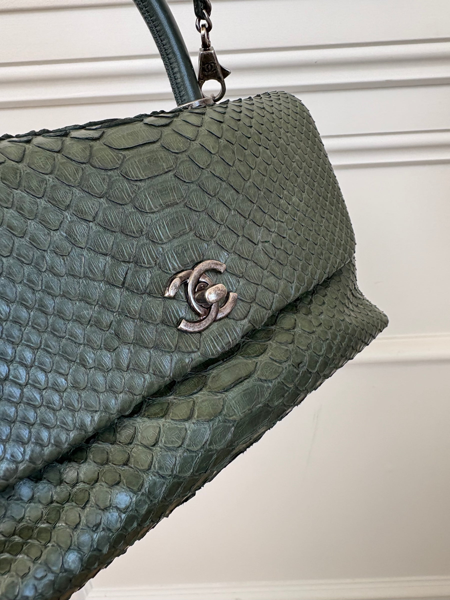 Chanel Emerald Green Python Leather Mini Coco Top Handle Bag