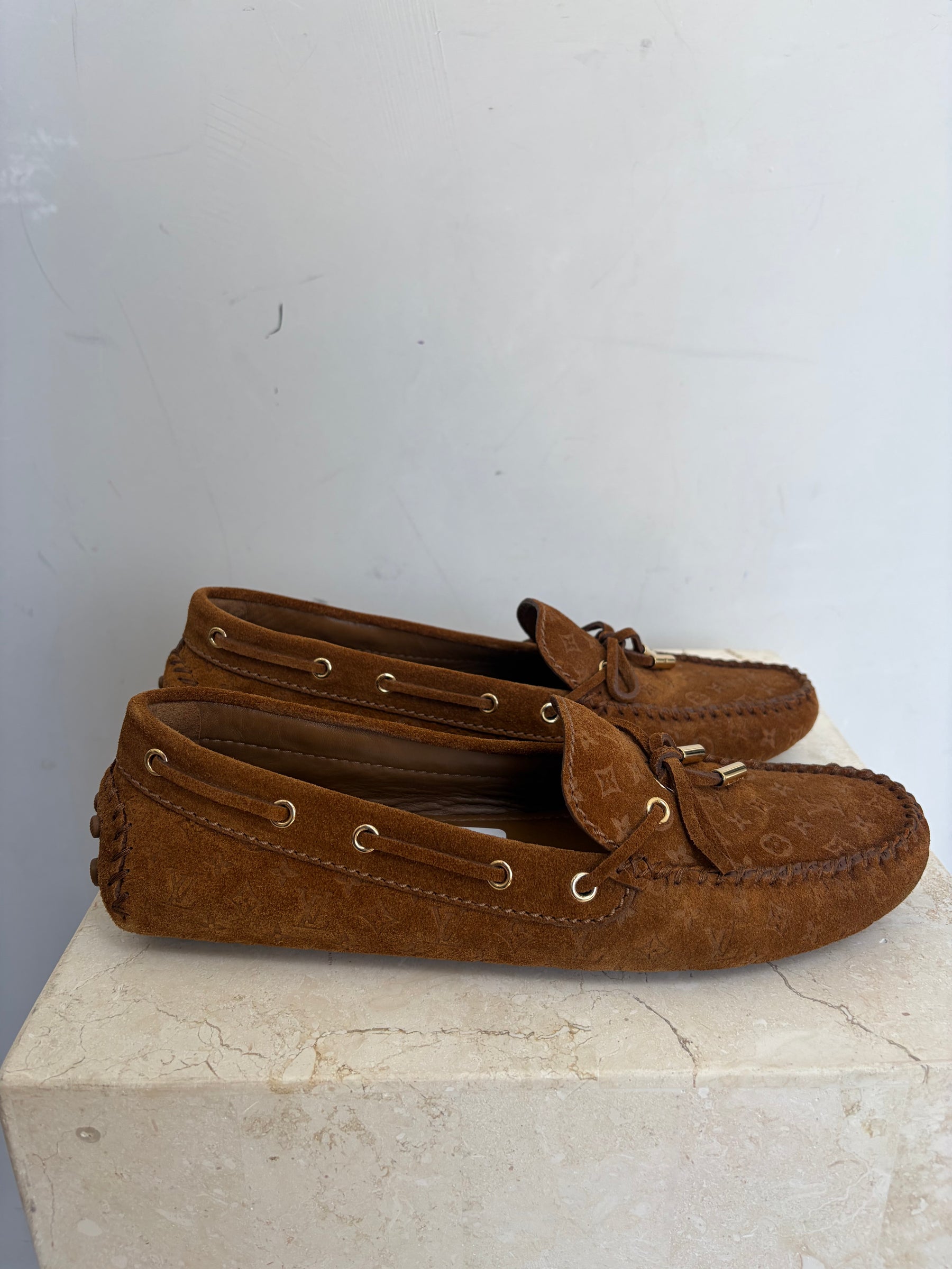 Louis Vuitton Monagram Suede Loafers Brown, 38.5