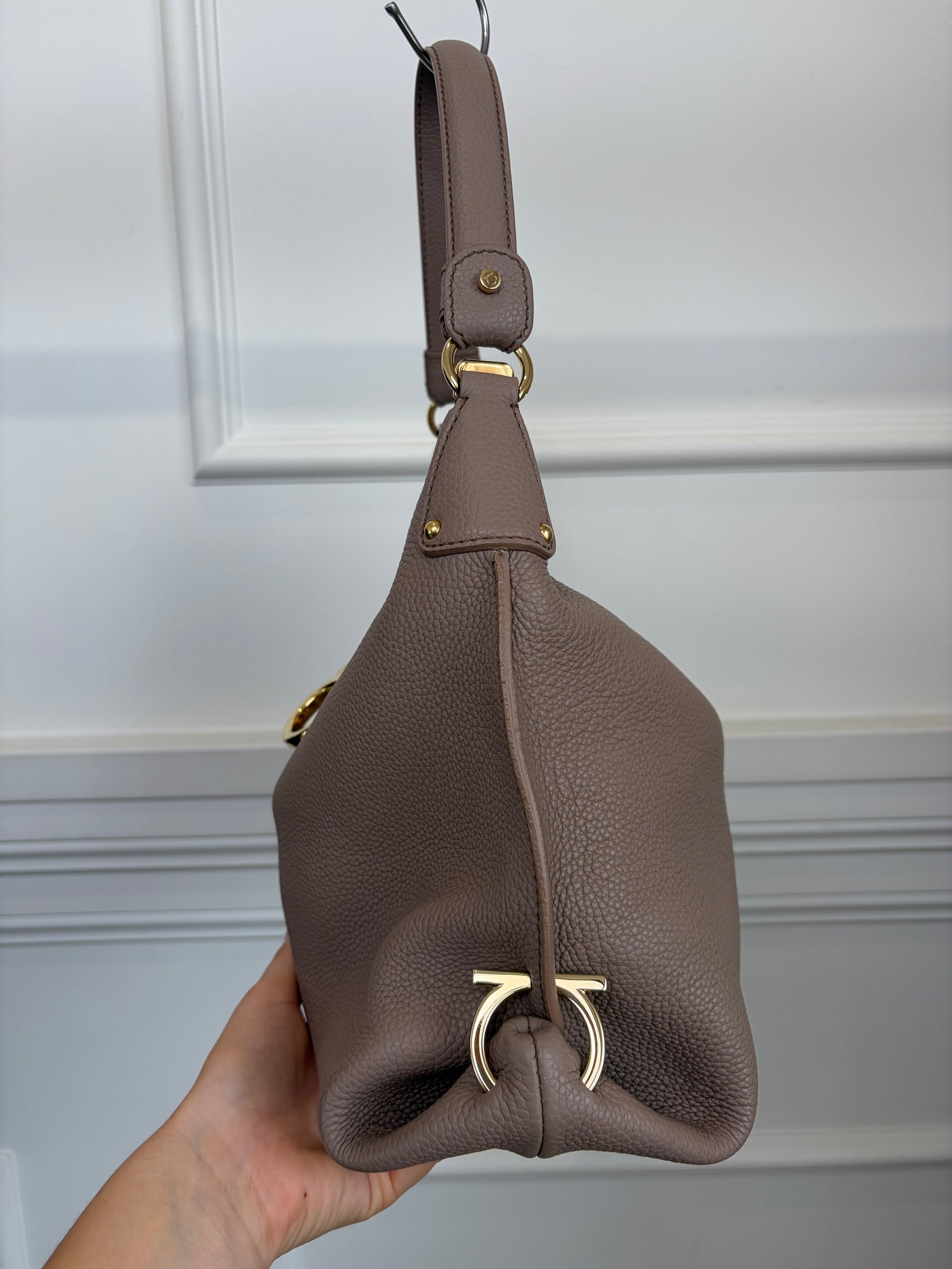 Salvatore Ferragamo Grained Leather Handbag In Taupe With Gold Tone HW