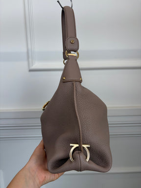 Salvatore Ferragamo Grained Leather Handbag In Taupe With Gold Tone HW