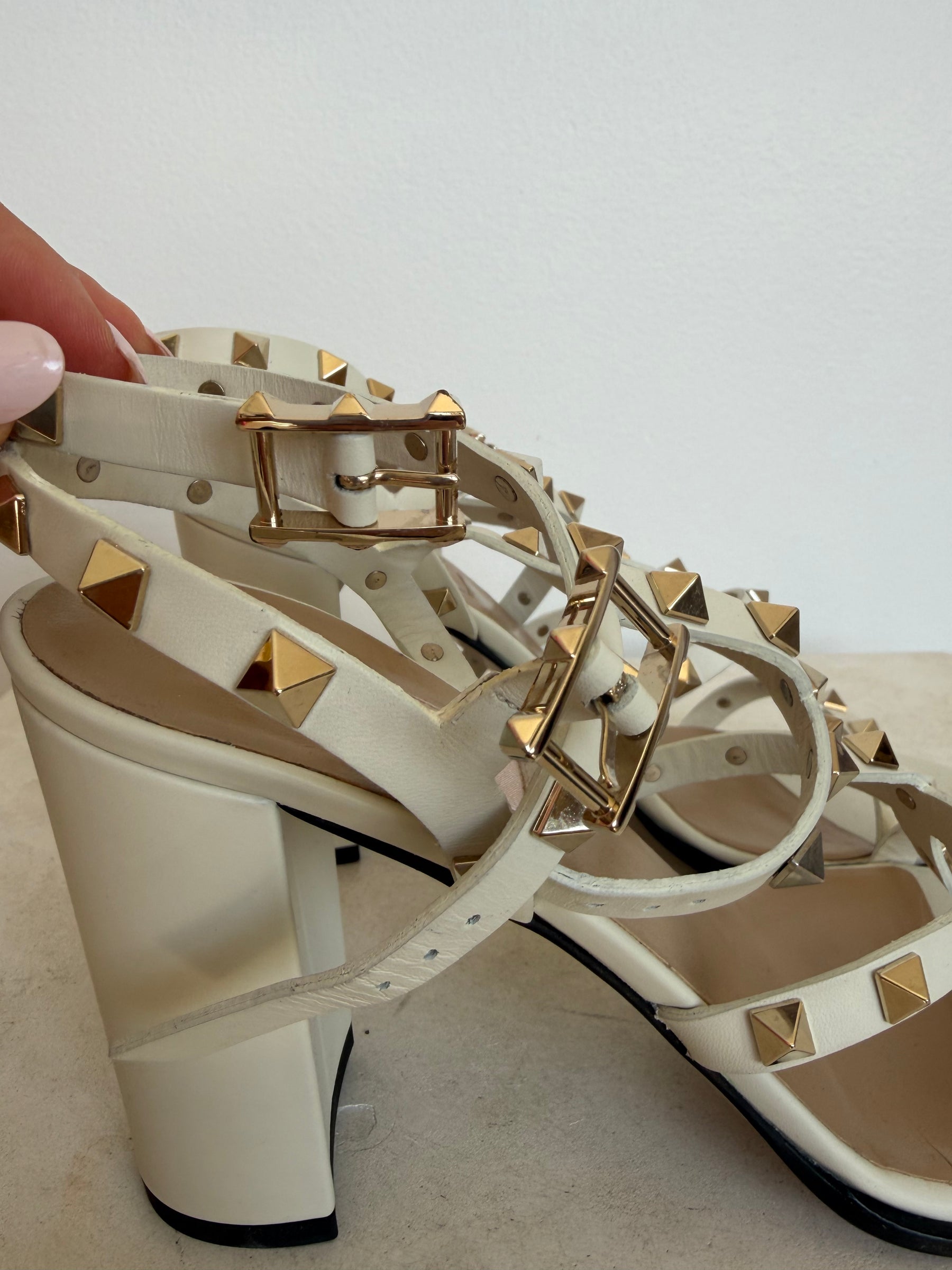 Valentino Block Heel Garavanie Cage Sandals In Cream, 40.5