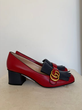 Gucci Red and Navy Fringed Leather Marmont Pumps, 39