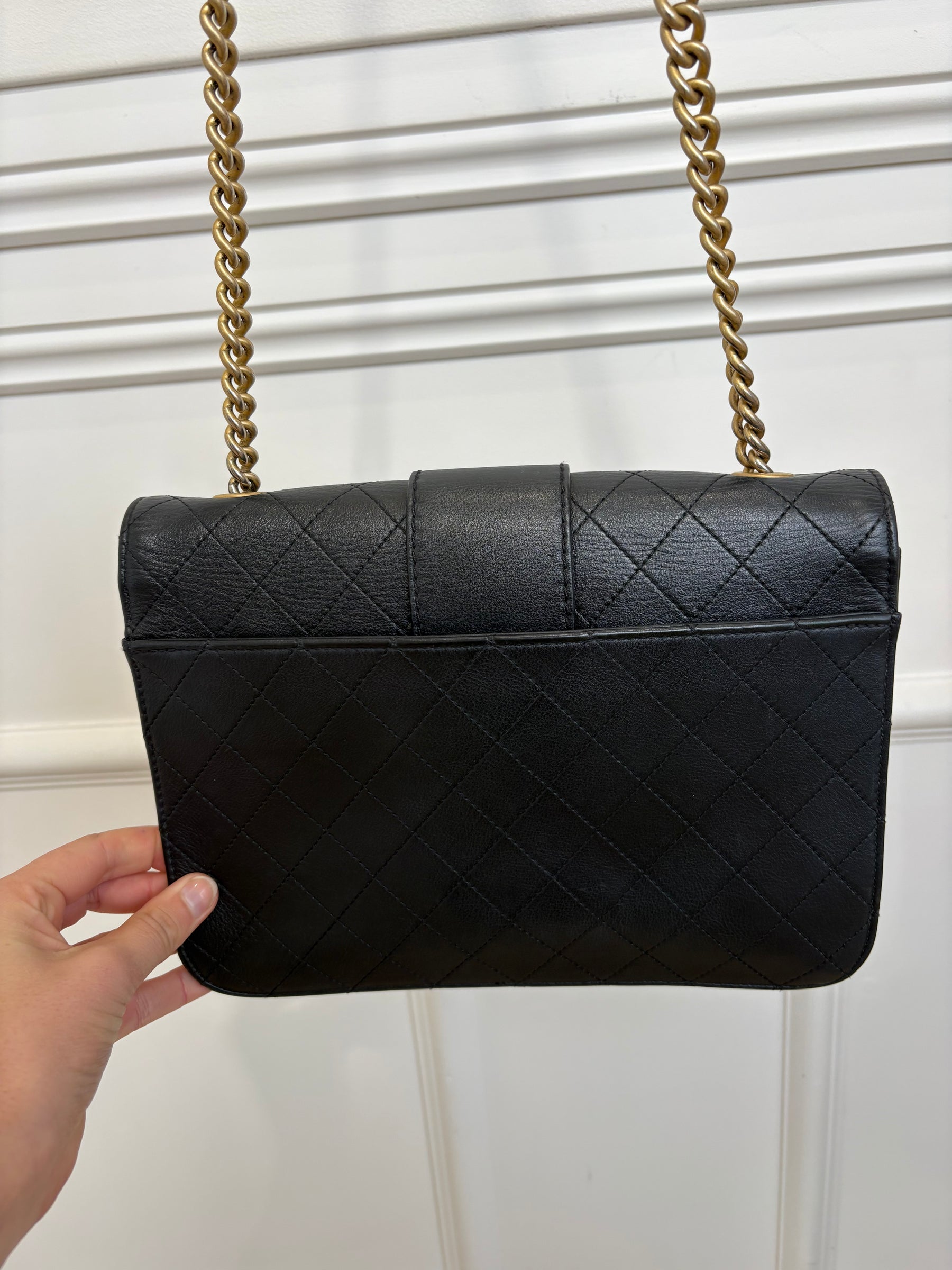 Chanel Black Quilted Leather and Snake Skin Front Chain Flap