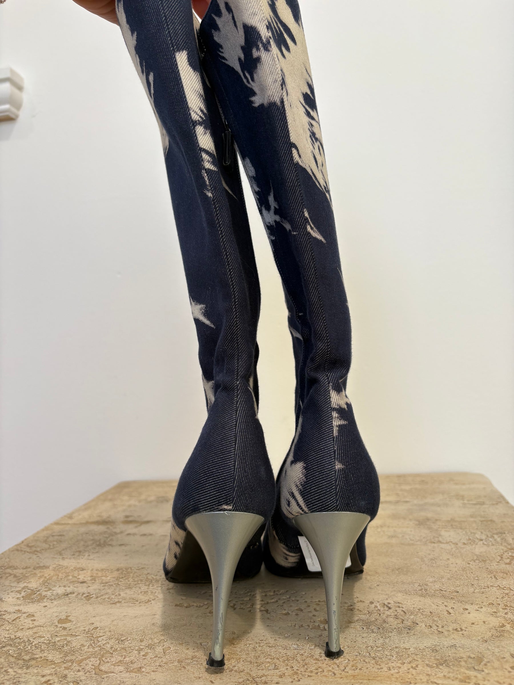 Celine Denim Bleached Knee High Boots, 37