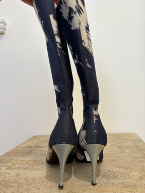 Celine Denim Bleached Knee High Boots, 37