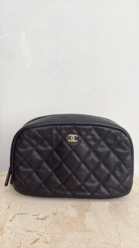 Chanel Black Caviar Quilted Curvy Pouch Cosmetic Case