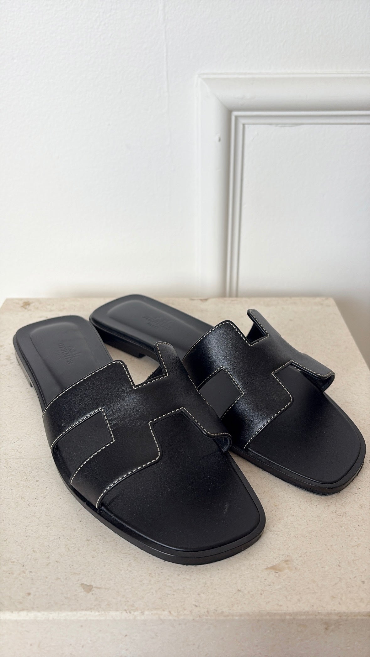 Hermès Black Leather Oran Sandals, 38