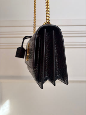 Saint Laurent Black Croc Embossed Sunset Bag
