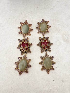 Christie Nicolaides Gold Tone Jade Style and Red Stone Drop Earrings