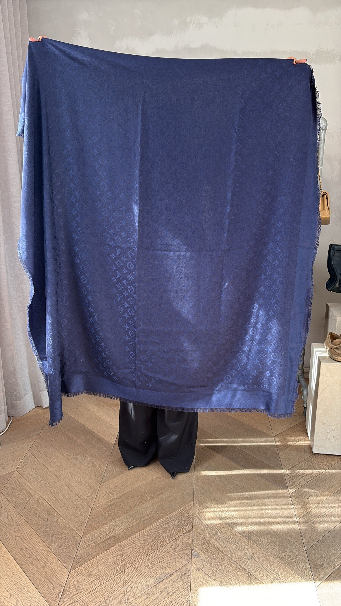 Louis Vuitton Navy Monogram Wool Wilk Shawl