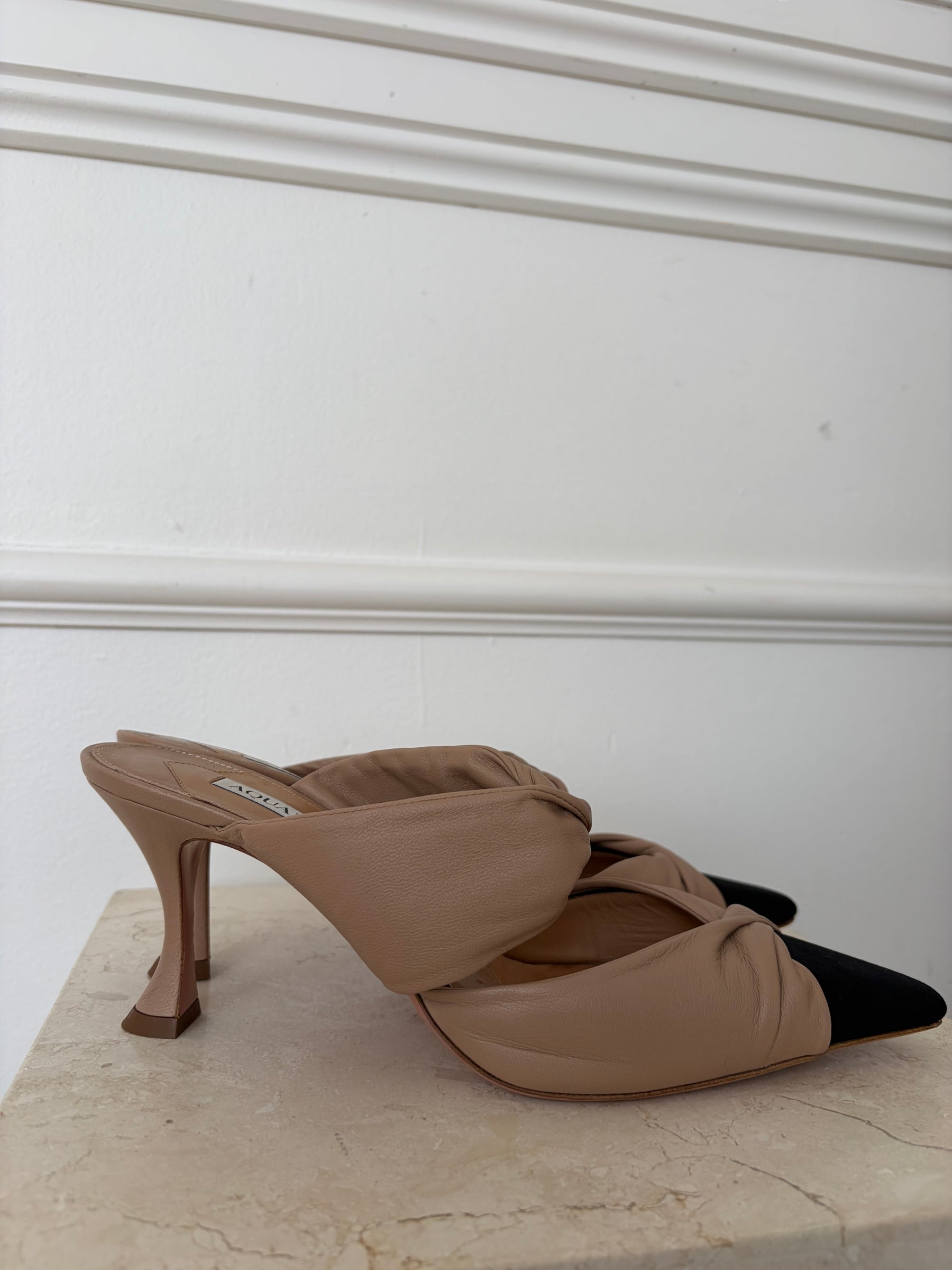 Aquazzura Beige Twist Mules with Black Toe Cap, 40