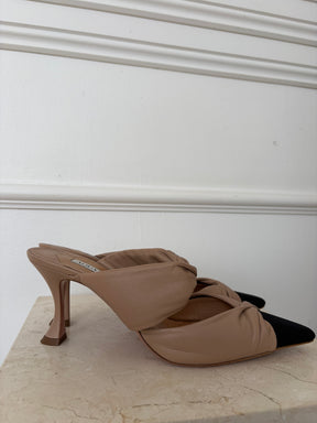 Aquazzura Beige Twist Mules with Black Toe Cap, 40