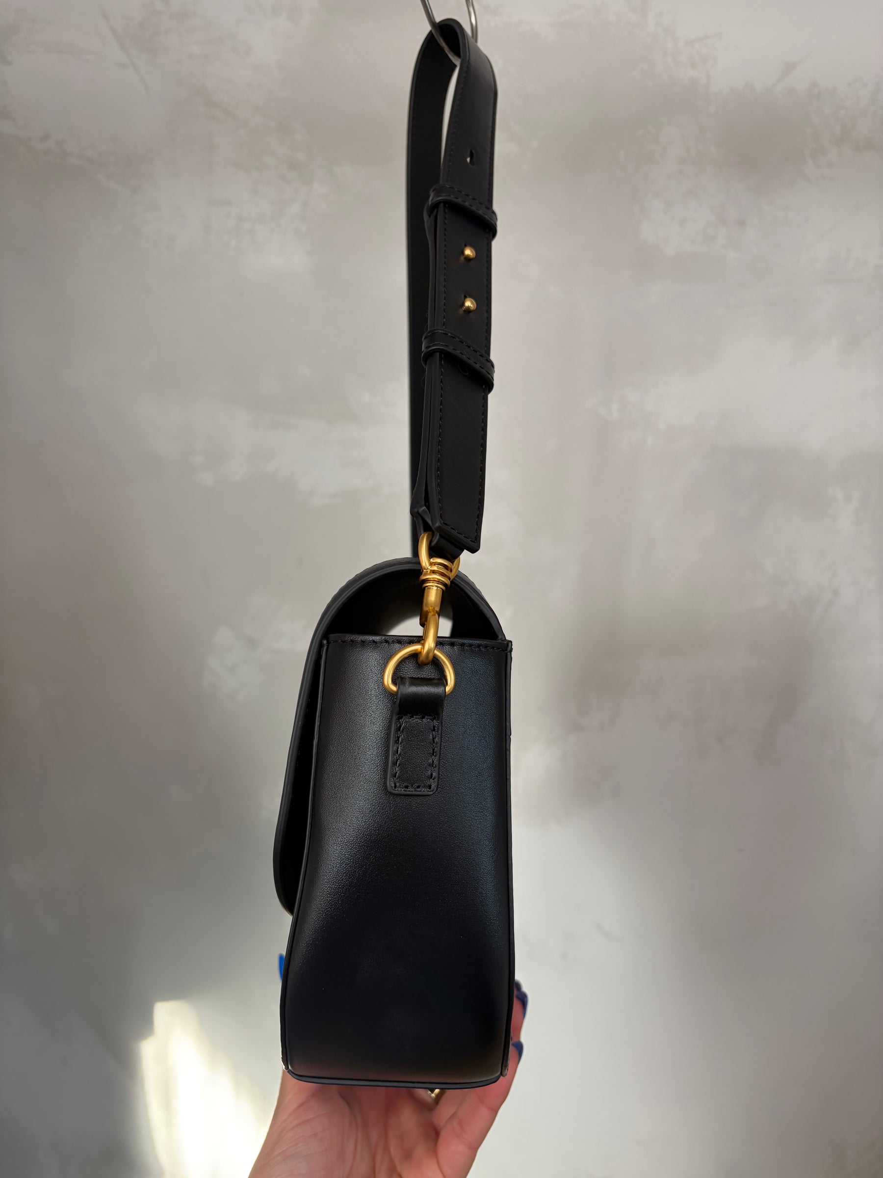 Oroton Black and Charcoal Monogram half Moon Flap Bag