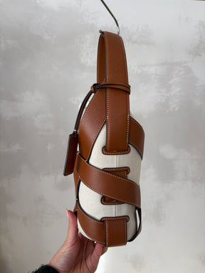 STAUD Tan Leather and Canvas Bucket Bag